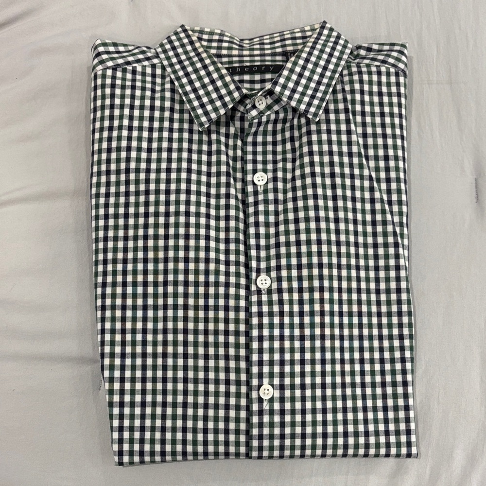 Theory Green and White Gingham Dress Shirt
